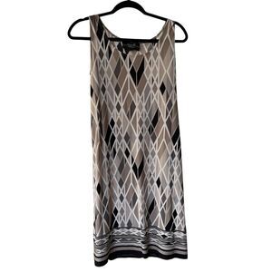 R & M Collection Shift Dress Womens 8P Taupe Black Geometric Harlequin Print